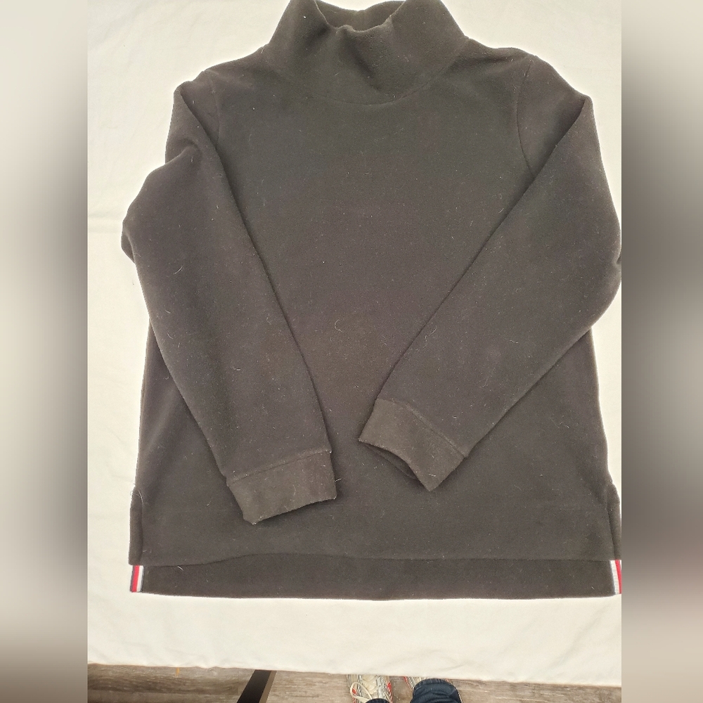 Tommy Hilfiger Black Mock Neck Pullover Sweatshirt Large Fleece Stripe Hem Logo